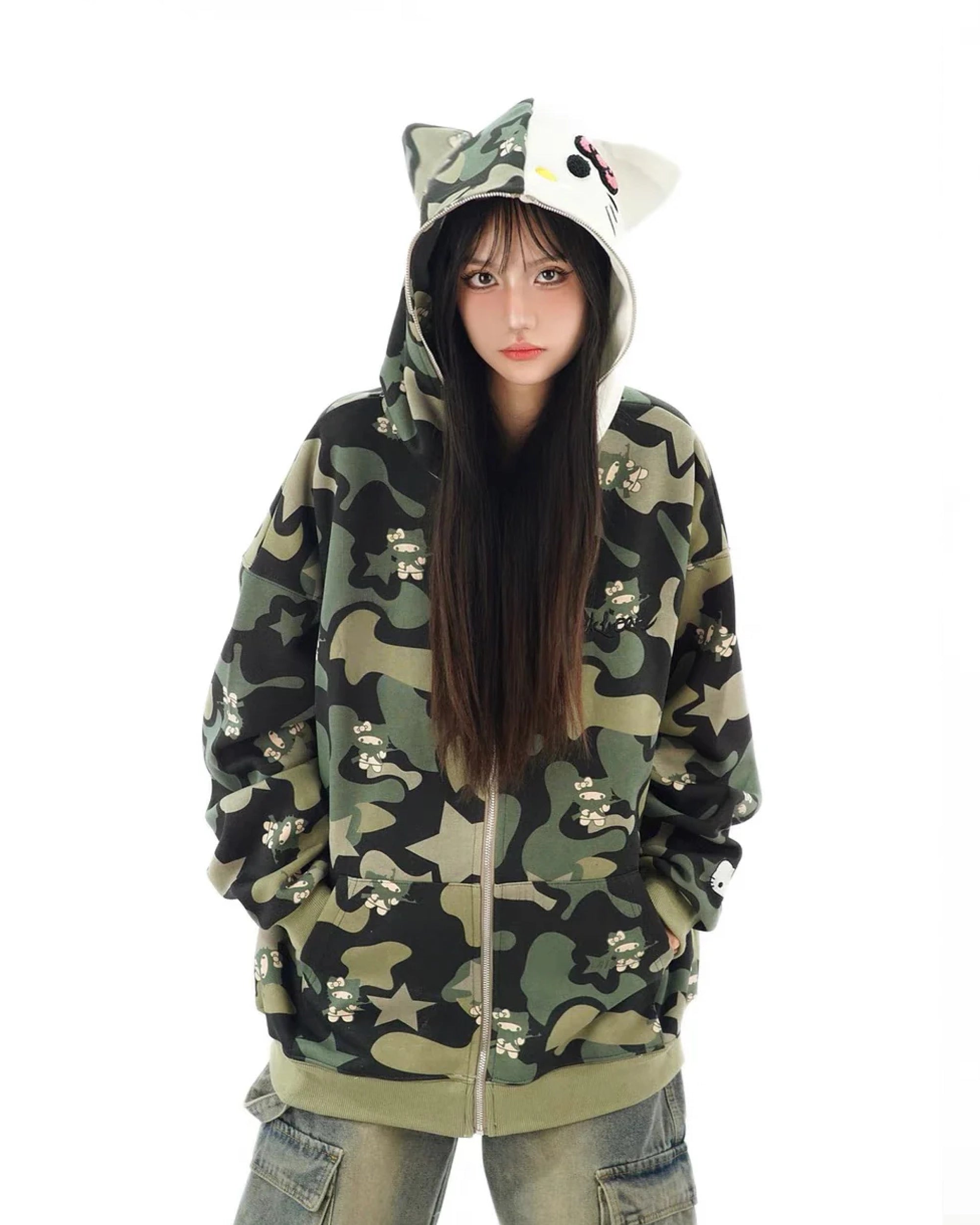 Hello Kitty Green Camo Zip Up Hoodie